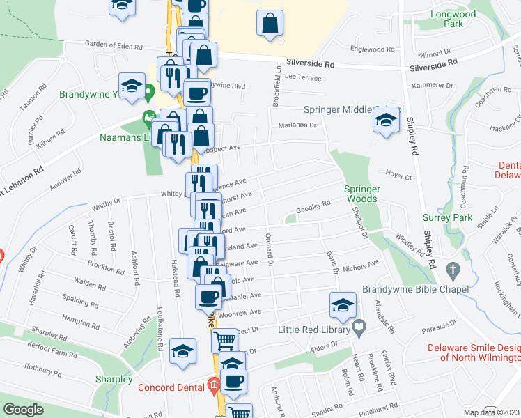 map of restaurants, bars, coffee shops, grocery stores, and more near 128 Duncan Avenue in Wilmington