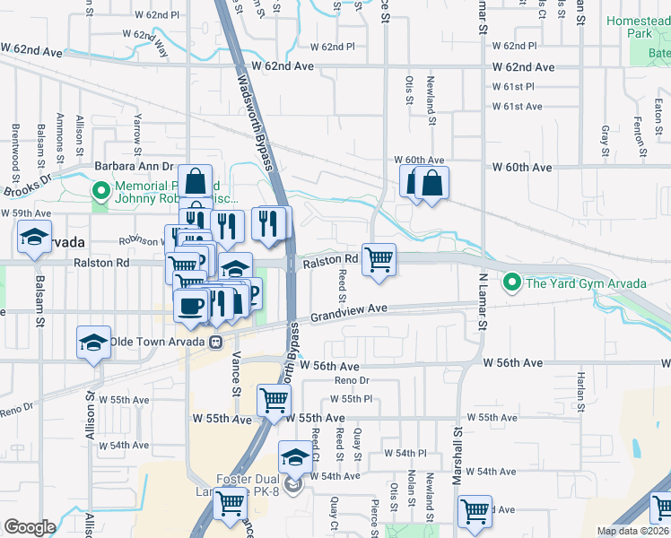 map of restaurants, bars, coffee shops, grocery stores, and more near 5853 Pierce Street in Arvada