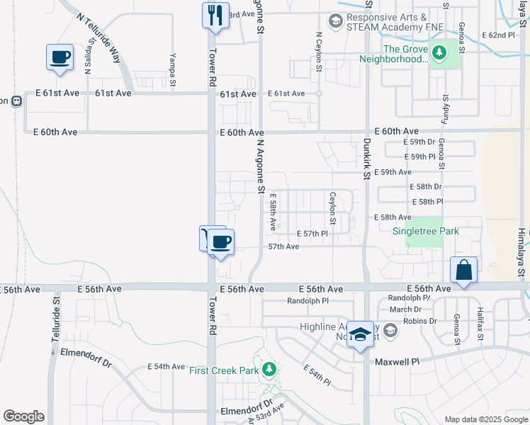 map of restaurants, bars, coffee shops, grocery stores, and more near 18761 East 58th Avenue in Denver