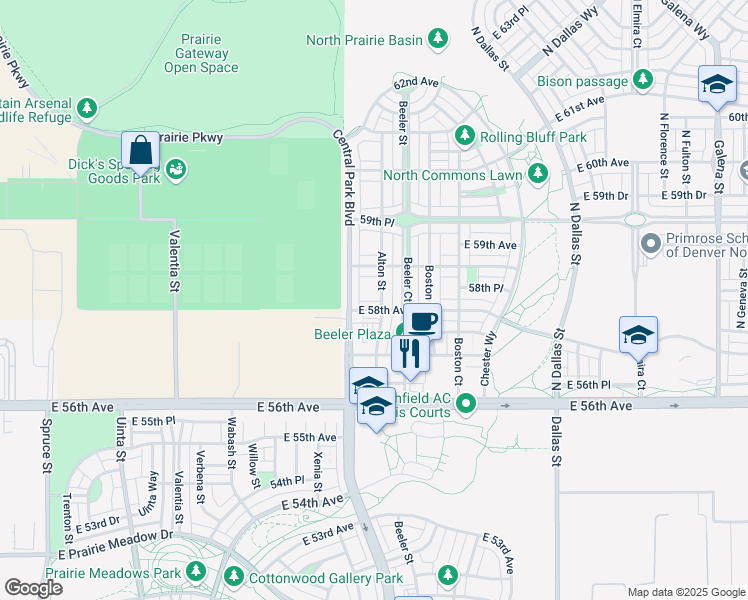 map of restaurants, bars, coffee shops, grocery stores, and more near 5867 Alton Street in Denver