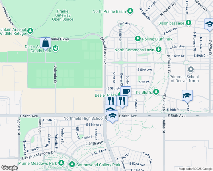 map of restaurants, bars, coffee shops, grocery stores, and more near 5852 Central Park Boulevard in Denver