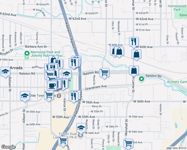 map of restaurants, bars, coffee shops, grocery stores, and more near 5815 Pierce Street in Arvada