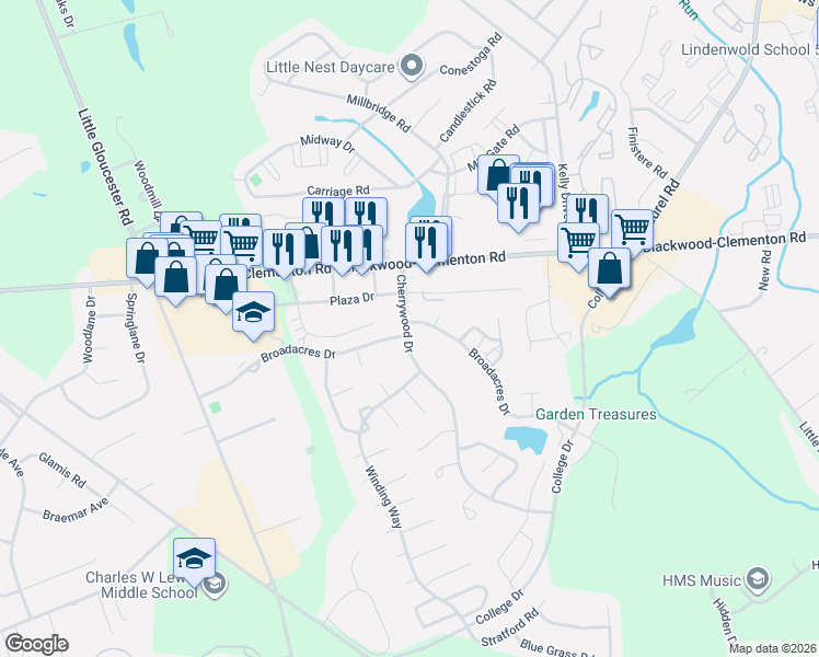 map of restaurants, bars, coffee shops, grocery stores, and more near 6 Cherrywood Drive in Clementon