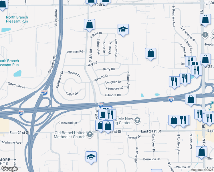 map of restaurants, bars, coffee shops, grocery stores, and more near 8206 Laughlin Drive in Indianapolis