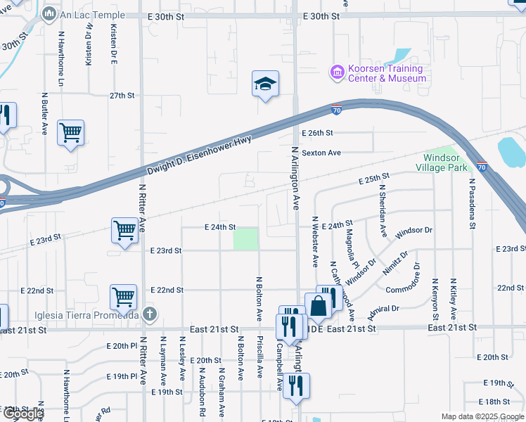 map of restaurants, bars, coffee shops, grocery stores, and more near 2400 North Graham Avenue in Indianapolis