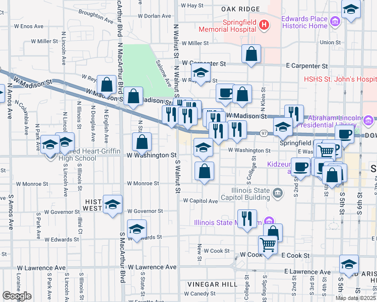map of restaurants, bars, coffee shops, grocery stores, and more near 121 North Parker Avenue in Springfield