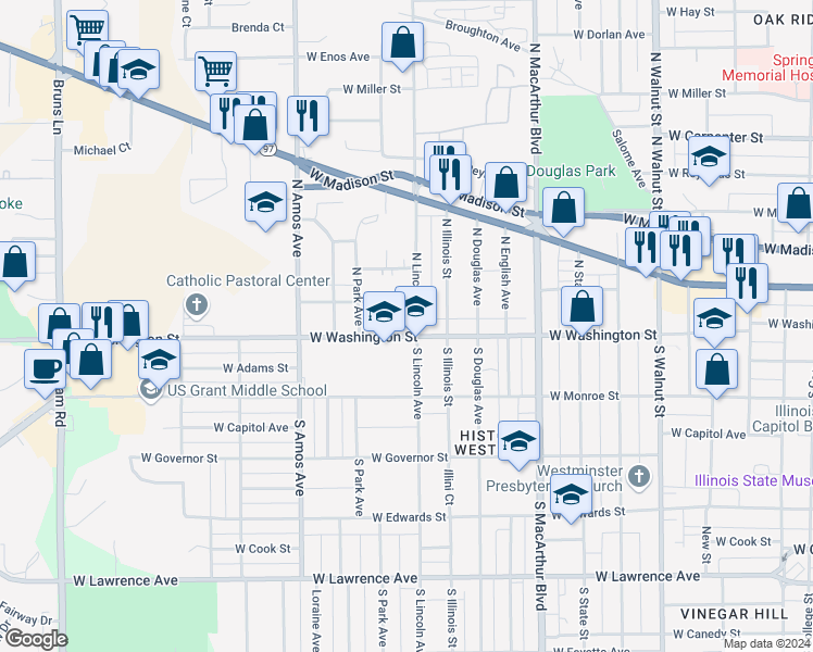 map of restaurants, bars, coffee shops, grocery stores, and more near 203 North Lincoln Avenue in Springfield