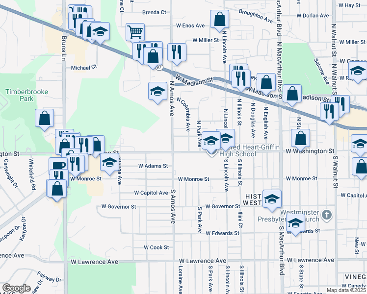 map of restaurants, bars, coffee shops, grocery stores, and more near 1312 Mossman Avenue in Springfield