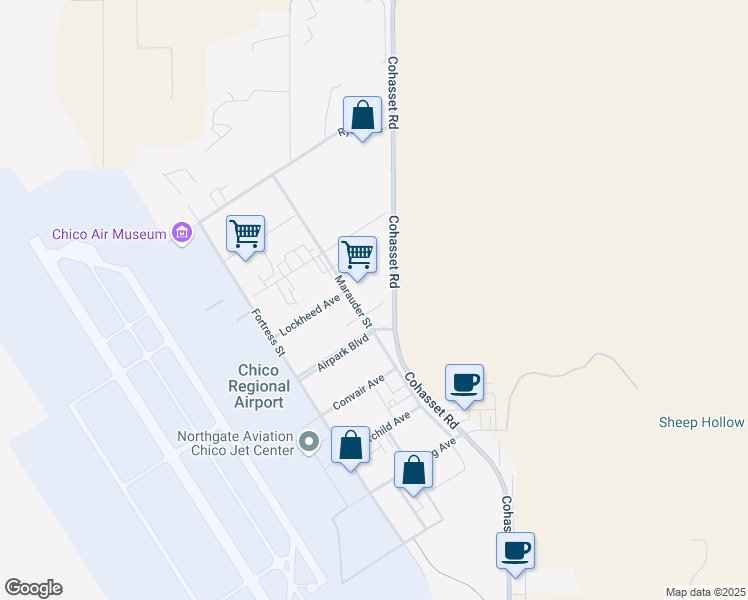 map of restaurants, bars, coffee shops, grocery stores, and more near 1020 Marauder Street in Chico