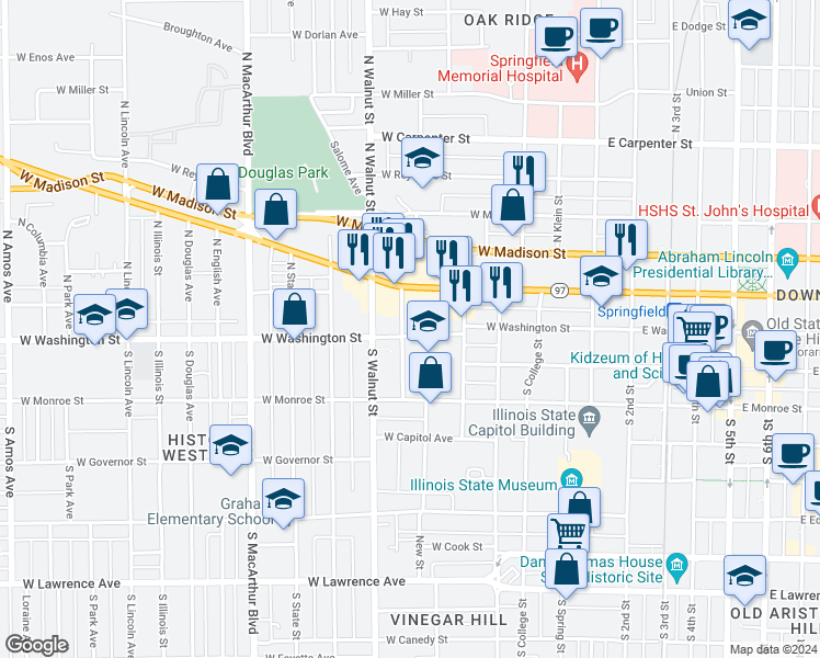 map of restaurants, bars, coffee shops, grocery stores, and more near 619 West Washington Street in Springfield