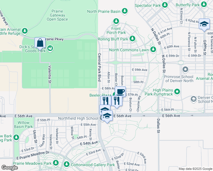 map of restaurants, bars, coffee shops, grocery stores, and more near 9051 East 58th Avenue in Denver