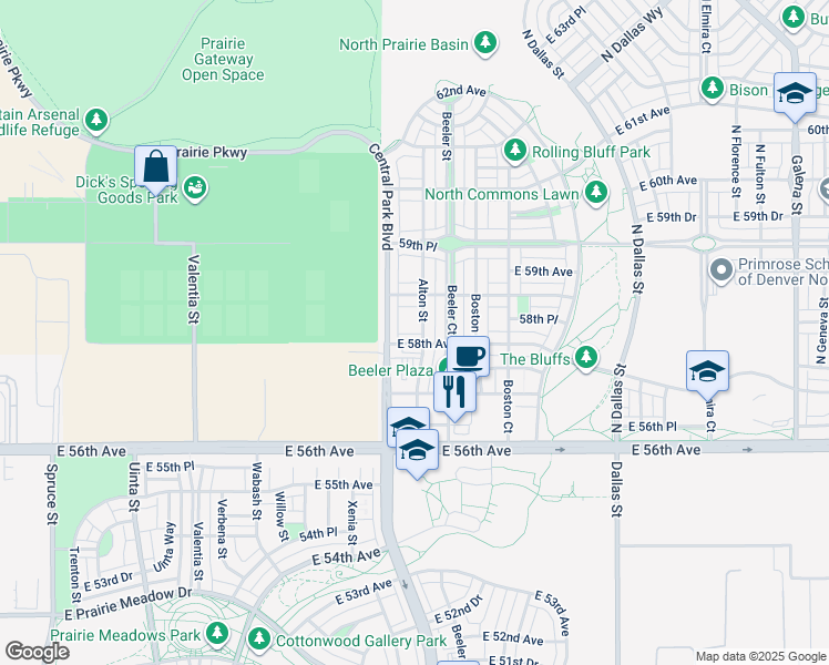 map of restaurants, bars, coffee shops, grocery stores, and more near 9051 East 58th Avenue in Denver