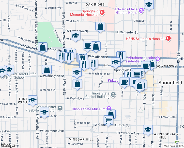map of restaurants, bars, coffee shops, grocery stores, and more near in Springfield