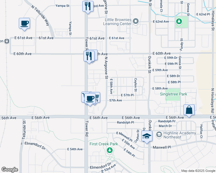 map of restaurants, bars, coffee shops, grocery stores, and more near 9095 East 58th Avenue in Denver