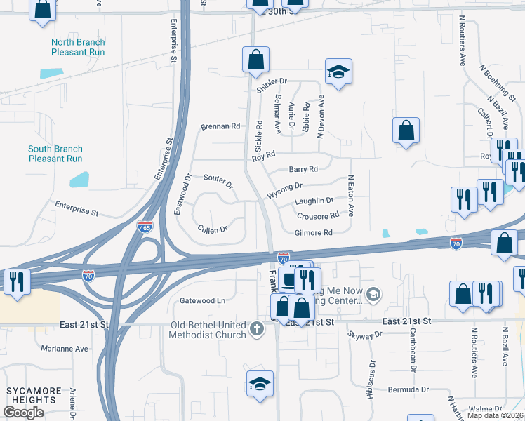 map of restaurants, bars, coffee shops, grocery stores, and more near 2425 North Franklin Road in Indianapolis