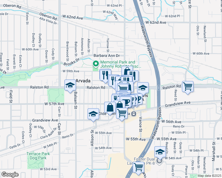 map of restaurants, bars, coffee shops, grocery stores, and more near 7800 Robinson Way in Arvada