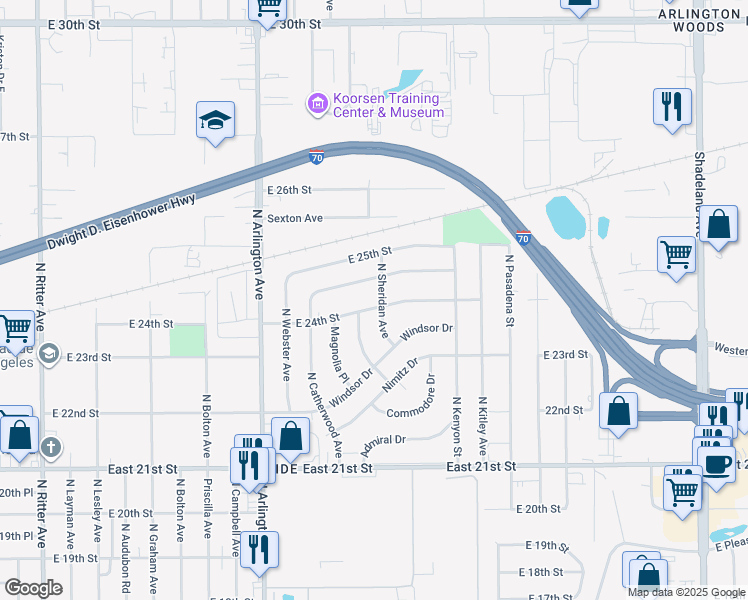 map of restaurants, bars, coffee shops, grocery stores, and more near 2432 North Sheridan Avenue in Indianapolis