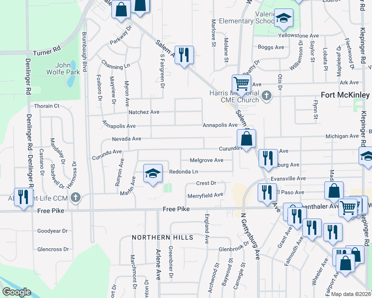 map of restaurants, bars, coffee shops, grocery stores, and more near Curundu Avenue in Dayton