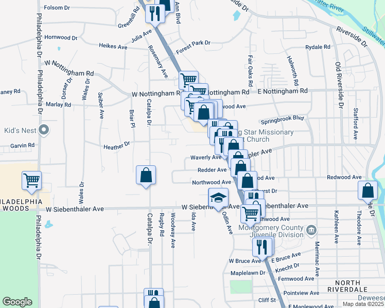 map of restaurants, bars, coffee shops, grocery stores, and more near 45 West Melford Avenue in Dayton