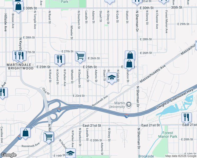map of restaurants, bars, coffee shops, grocery stores, and more near 2369 Adams Street in Indianapolis