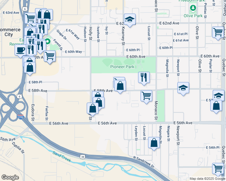 map of restaurants, bars, coffee shops, grocery stores, and more near 5901 East 58th Avenue in Commerce City
