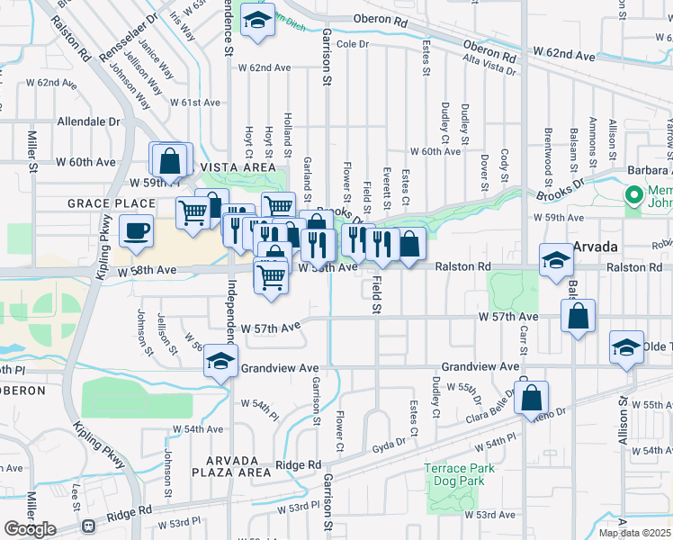 map of restaurants, bars, coffee shops, grocery stores, and more near in Arvada