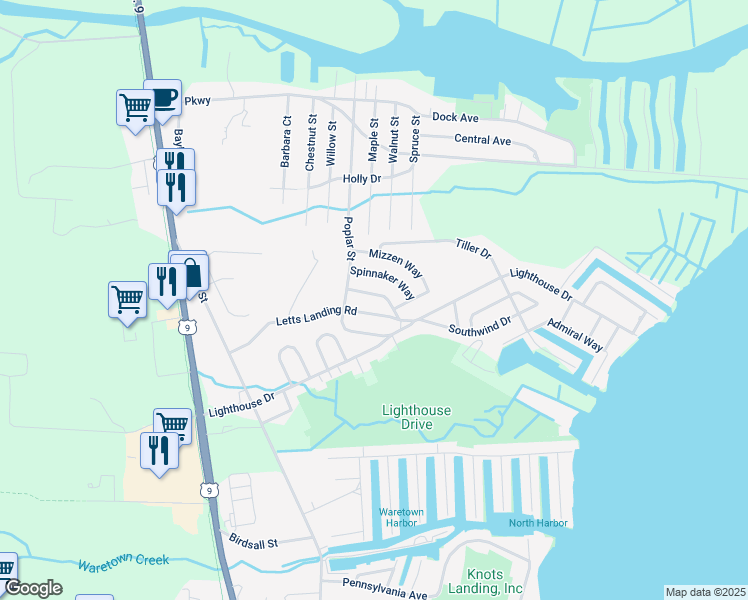 map of restaurants, bars, coffee shops, grocery stores, and more near 8 Spinnaker Way in Ocean Township