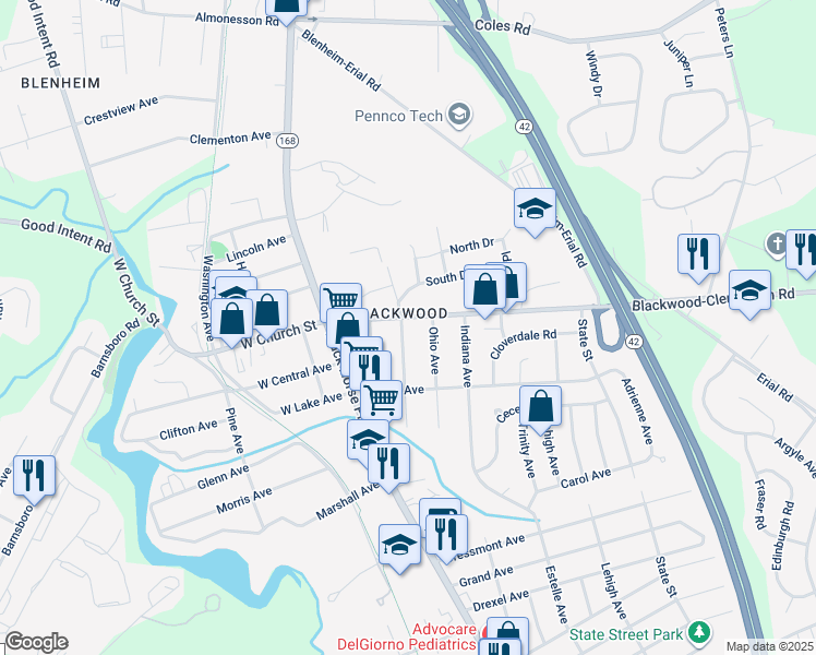 map of restaurants, bars, coffee shops, grocery stores, and more near 127 East Church Street in Camden County