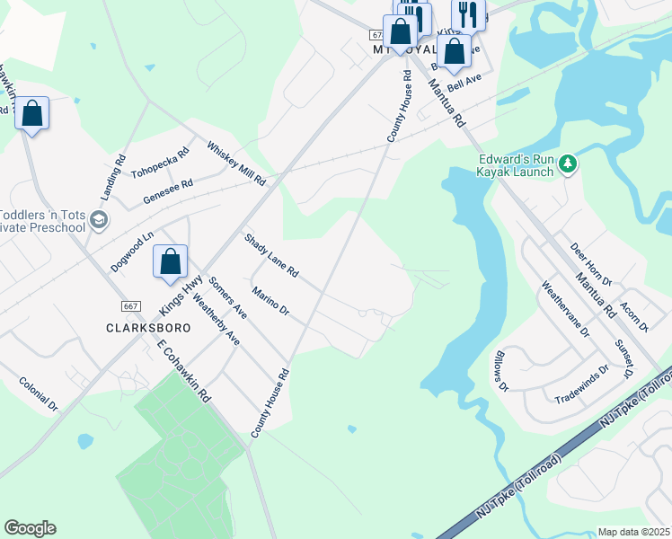 map of restaurants, bars, coffee shops, grocery stores, and more near 233 County House Road in East Greenwich Township