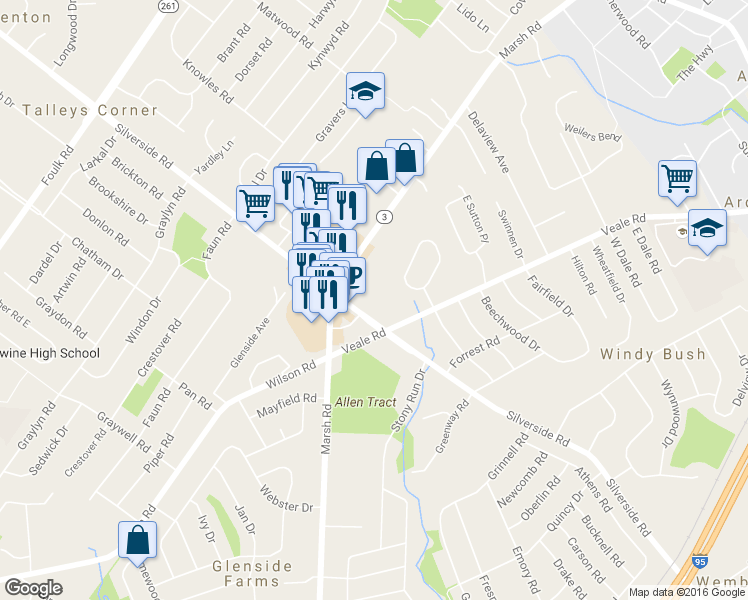 map of restaurants, bars, coffee shops, grocery stores, and more near 1803 Marsh Road in Wilmington