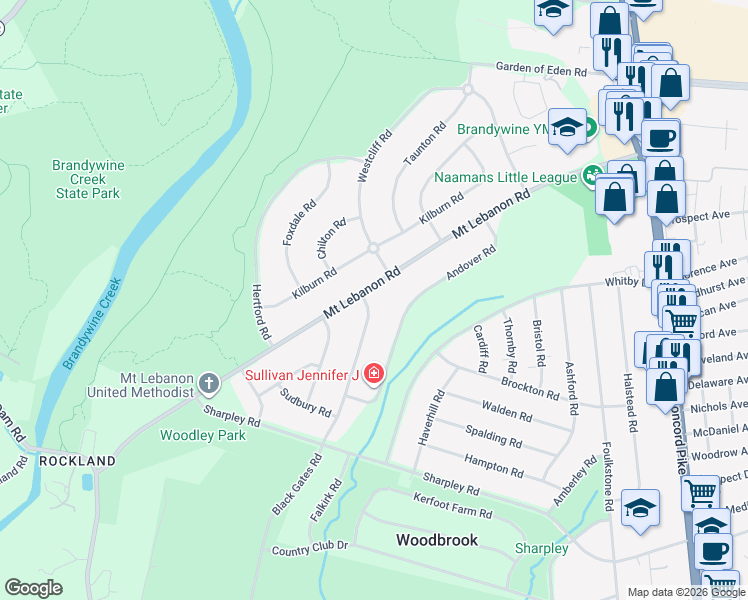 map of restaurants, bars, coffee shops, grocery stores, and more near 705 Mount Lebanon Road in Wilmington