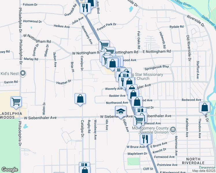map of restaurants, bars, coffee shops, grocery stores, and more near 45 West Melford Avenue in Dayton
