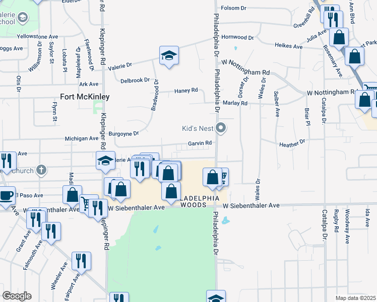 map of restaurants, bars, coffee shops, grocery stores, and more near 3090 Garvin Road in Dayton