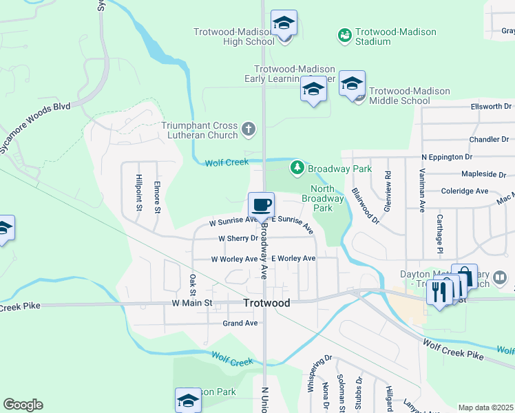 map of restaurants, bars, coffee shops, grocery stores, and more near 321 North Broadway Street in Trotwood