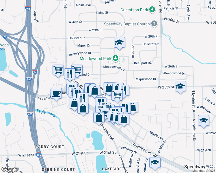 map of restaurants, bars, coffee shops, grocery stores, and more near 5835 Maplewood Drive in Indianapolis