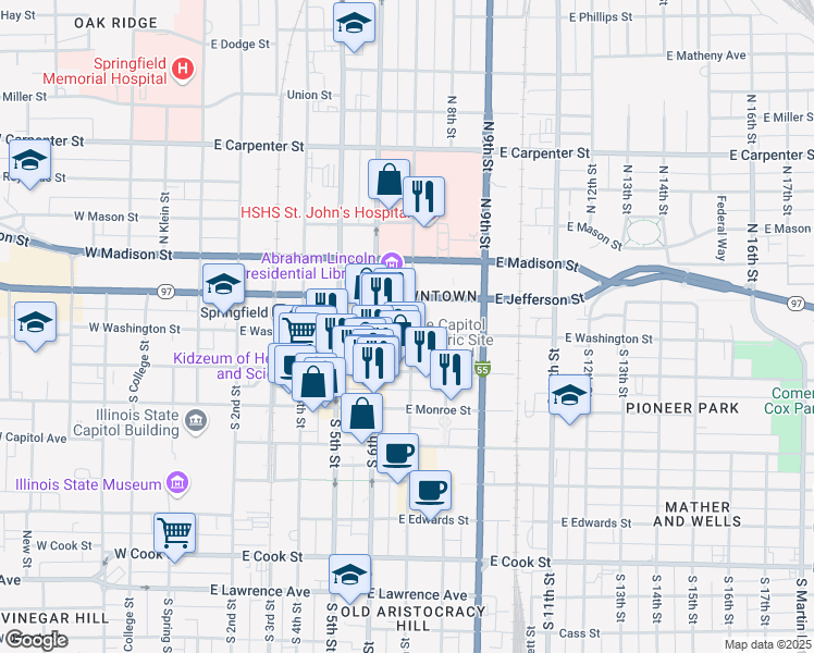 map of restaurants, bars, coffee shops, grocery stores, and more near 204 North 7th Street in Springfield