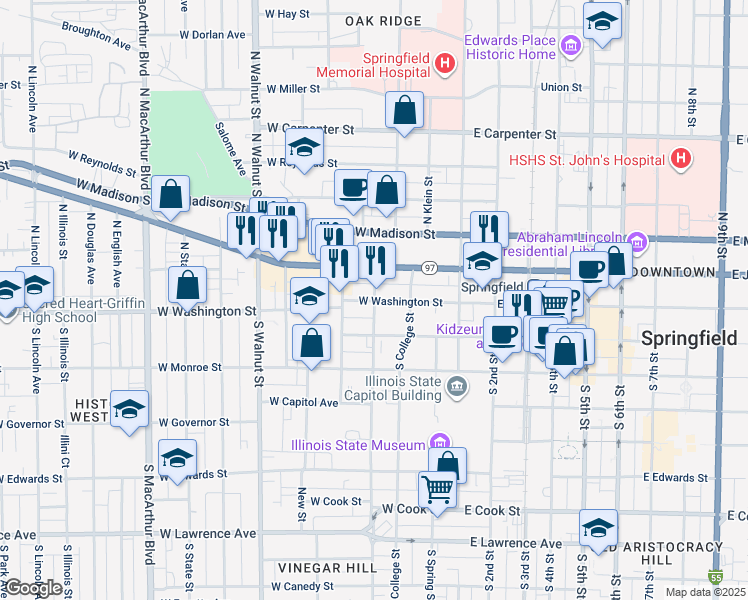 map of restaurants, bars, coffee shops, grocery stores, and more near in Springfield
