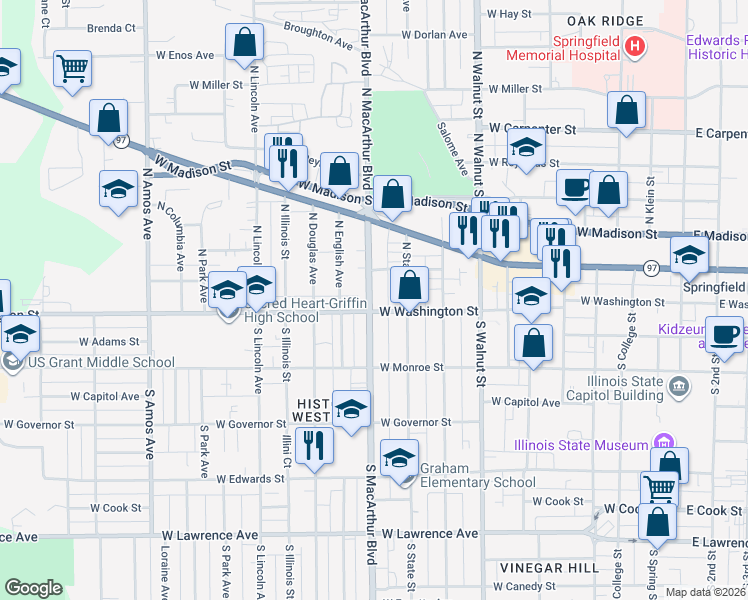 map of restaurants, bars, coffee shops, grocery stores, and more near 133 North MacArthur Boulevard in Springfield