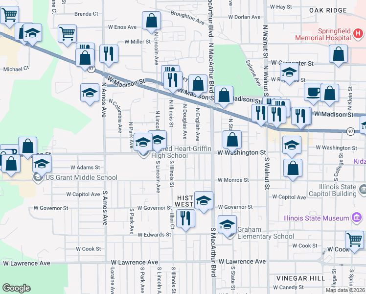 map of restaurants, bars, coffee shops, grocery stores, and more near 146 North Illinois Street in Springfield