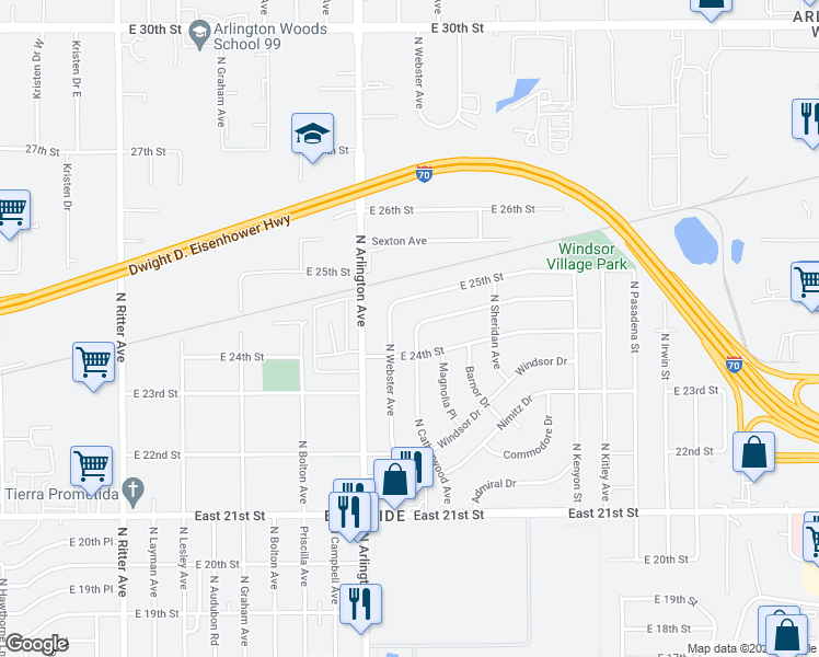 map of restaurants, bars, coffee shops, grocery stores, and more near 2426 North Catherwood Avenue in Indianapolis