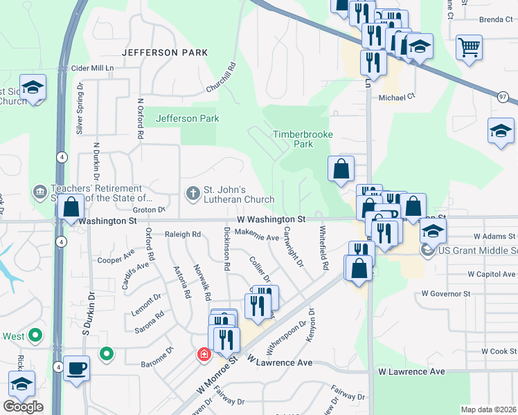 map of restaurants, bars, coffee shops, grocery stores, and more near 2301 West Washington Street in Springfield