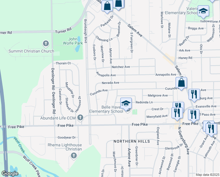 map of restaurants, bars, coffee shops, grocery stores, and more near 3797 Myron Avenue in Dayton