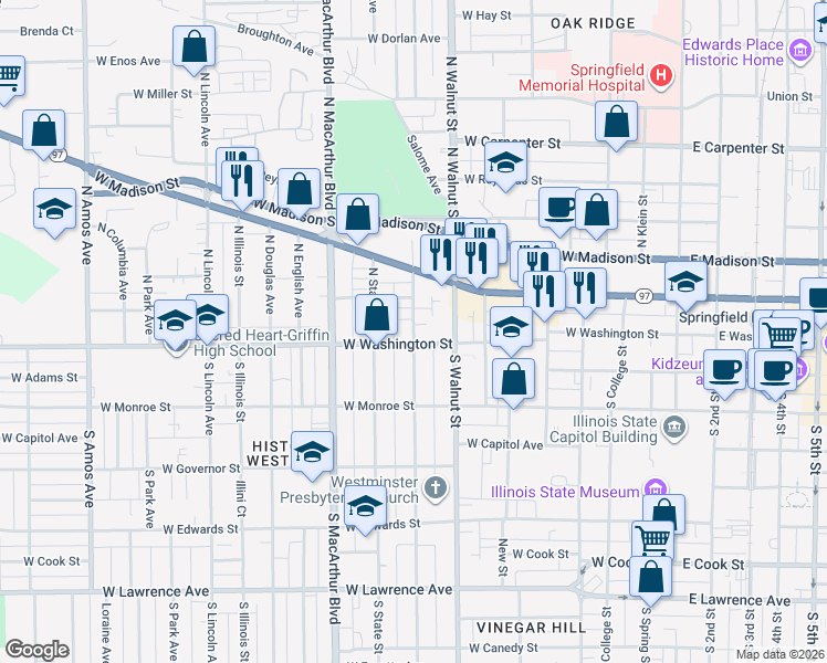 map of restaurants, bars, coffee shops, grocery stores, and more near 127 North Glenwood Avenue in Springfield