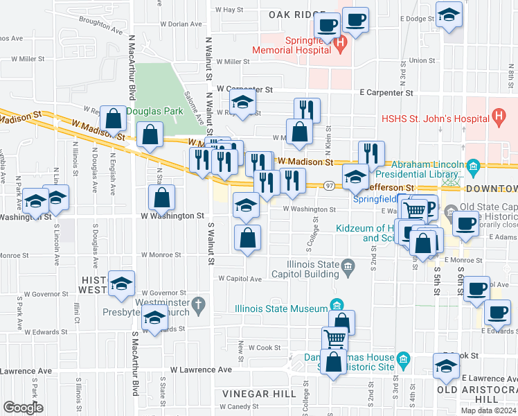 map of restaurants, bars, coffee shops, grocery stores, and more near 509 West Washington Street in Springfield