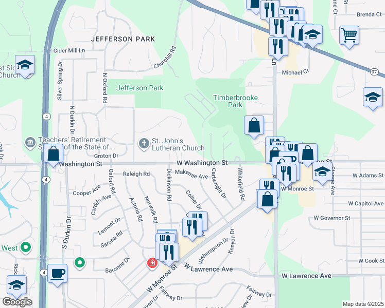 map of restaurants, bars, coffee shops, grocery stores, and more near 2301 West Washington Street in Springfield