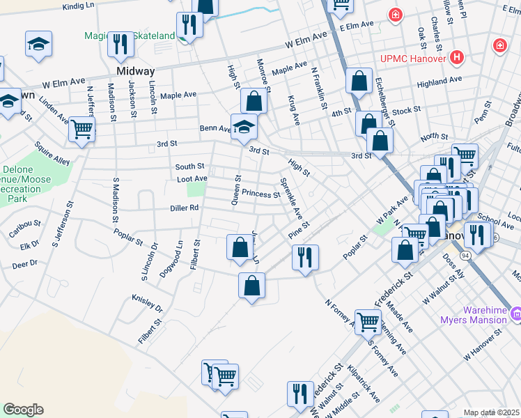 map of restaurants, bars, coffee shops, grocery stores, and more near 227 Diller Road in Hanover