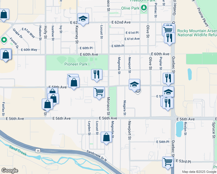 map of restaurants, bars, coffee shops, grocery stores, and more near 6500 East 58th Avenue in Commerce City