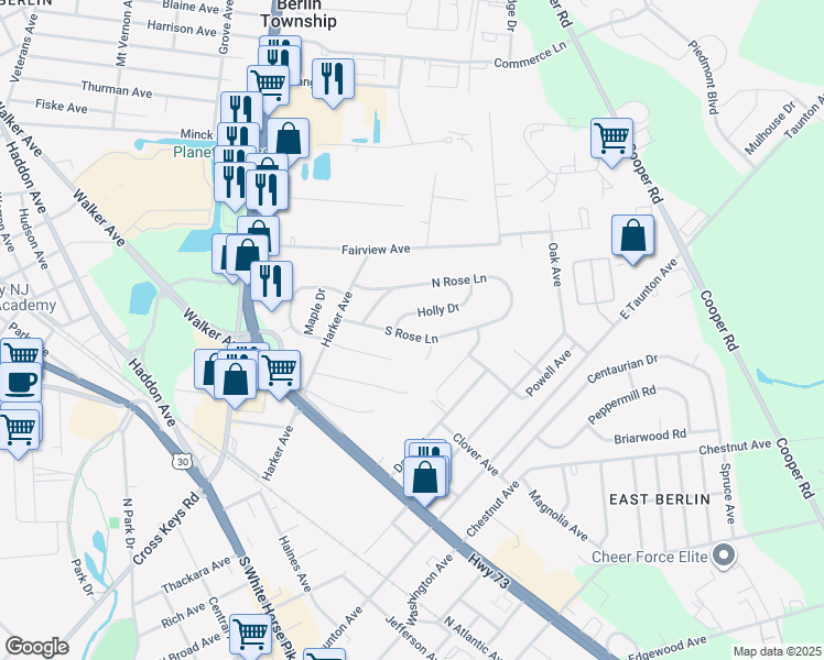 map of restaurants, bars, coffee shops, grocery stores, and more near 12 Holly Drive in West Berlin