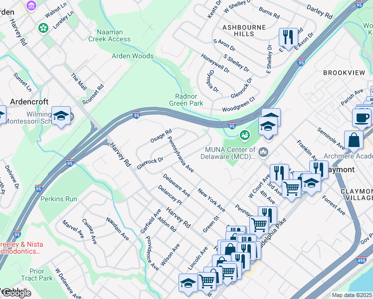 map of restaurants, bars, coffee shops, grocery stores, and more near 32 Glenrock Drive in Claymont