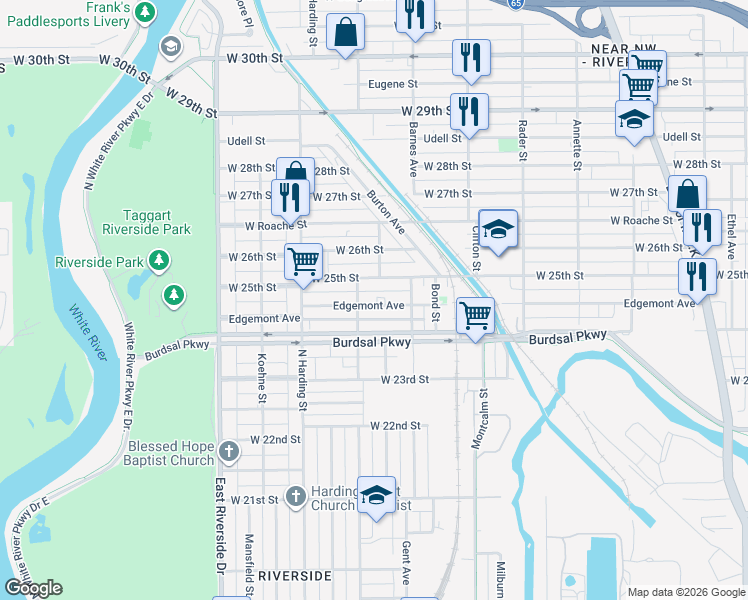 map of restaurants, bars, coffee shops, grocery stores, and more near 1227 West 25th Street in Indianapolis